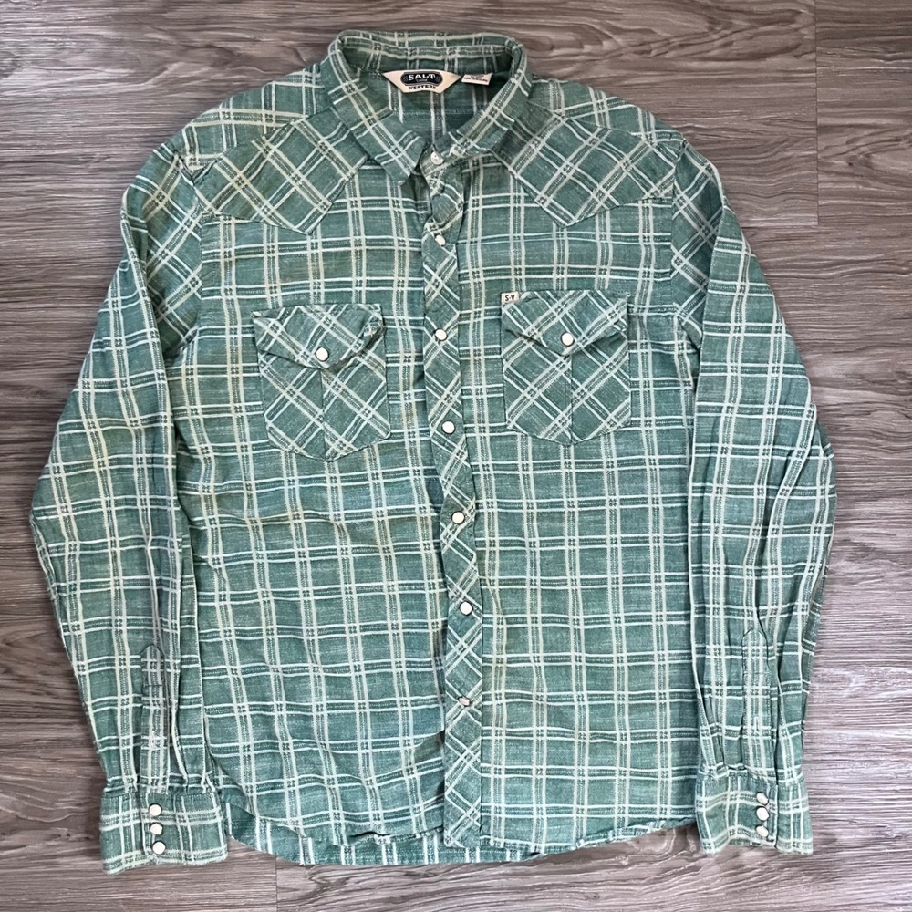 Salt Valley Western Mens Green Plaid Pearl Snap Long Sleeve Shirt Large Cotton